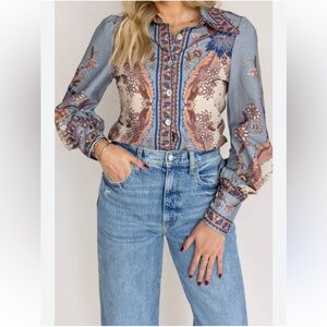 Floral Paisley Button-Front Blouse in Blue and Cream